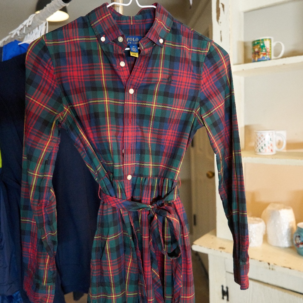 Polo Ralph Lauren Girls Plaid Shirt Dress Size 10 Tie Waist Long Sleeve